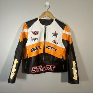 Simplicity V3 Engine Start PU Leather Crop Racing Moto Jacket Small